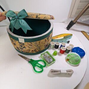 Vintage Floral Tapestry Sewing Basket Padded Lid Craft Organizer Box Green Trim